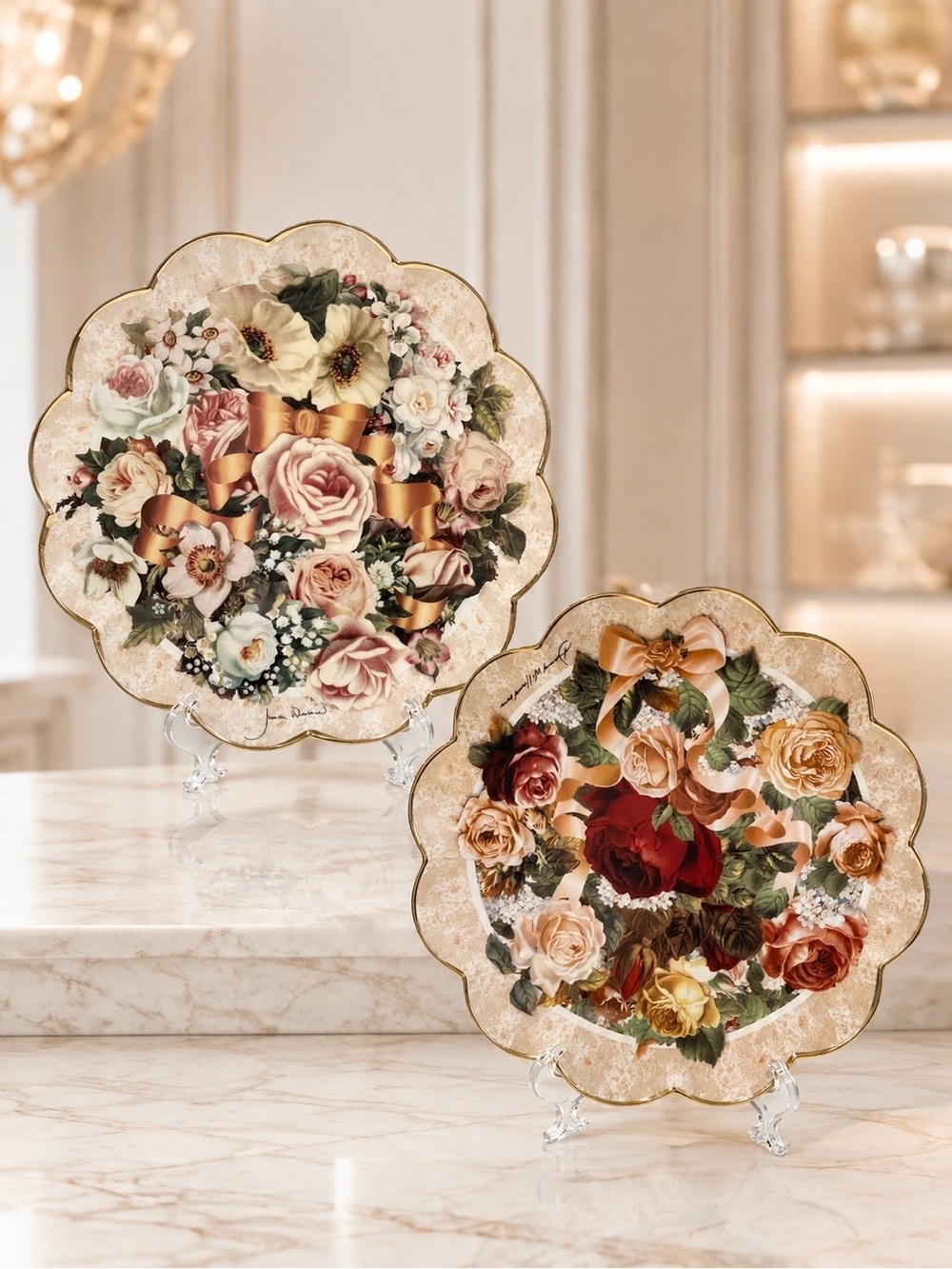 Franklin Mint Set of 2 Vintage 2000s Plates Porcelain 24 Kt Gold Trim Bouquet
